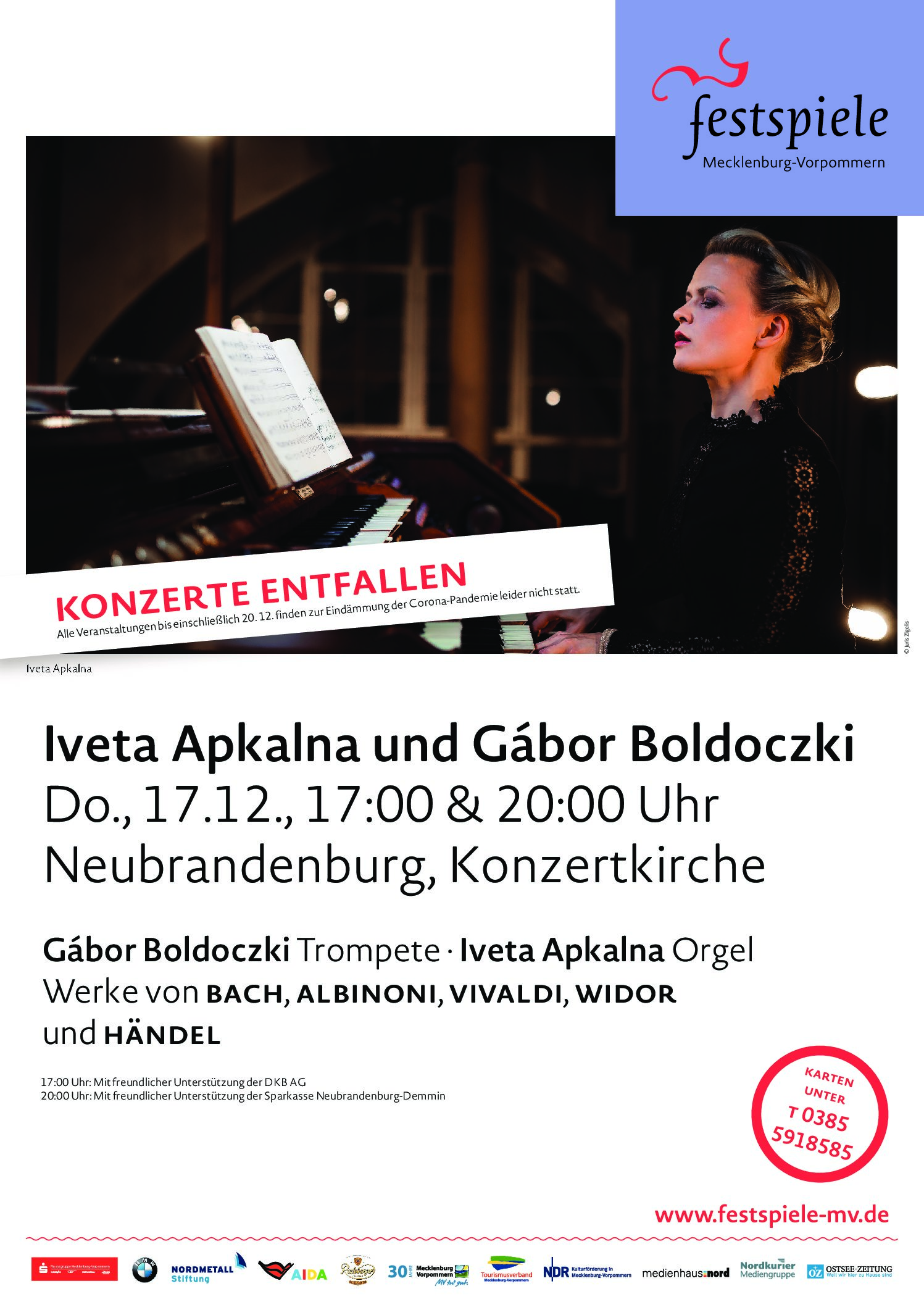 Achtung, Veranstaltungsabsage! Iveta Apkalna und Gábor Boldoczki
